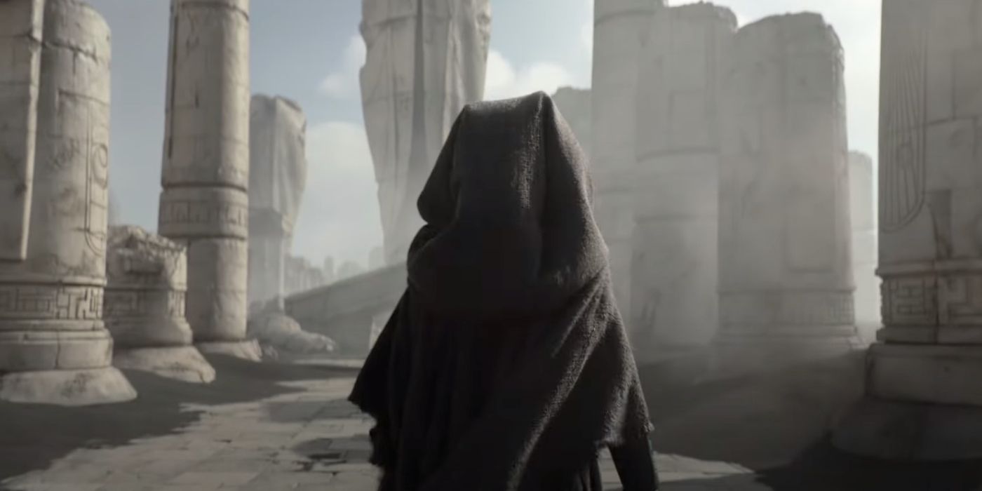 Ahsoka mengenakan jubahnya menjelajahi reruntuhan Kuil Jedi.