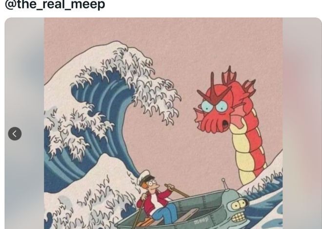 Fry Futurama Mengendarai Perahu Bender Saat Monster Laut Zoidberg Menyerang Dalam Riff Pada Lukisan Klasik