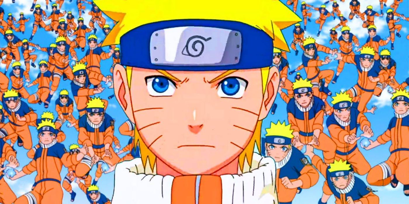 Naruto close-up dengan Klon Bayangan di latar belakang