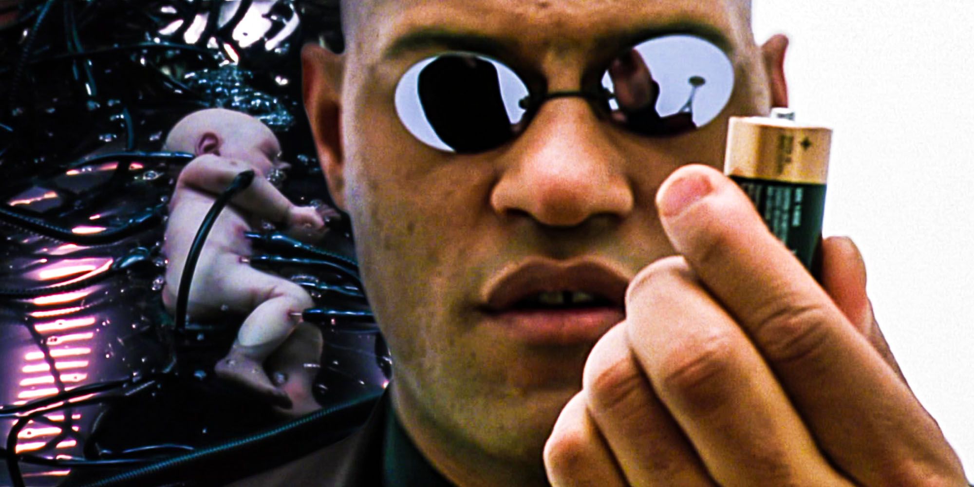 Seorang bayi terhubung ke mesin di Matrix, dan Morpheus memegang baterai di The Matrix.