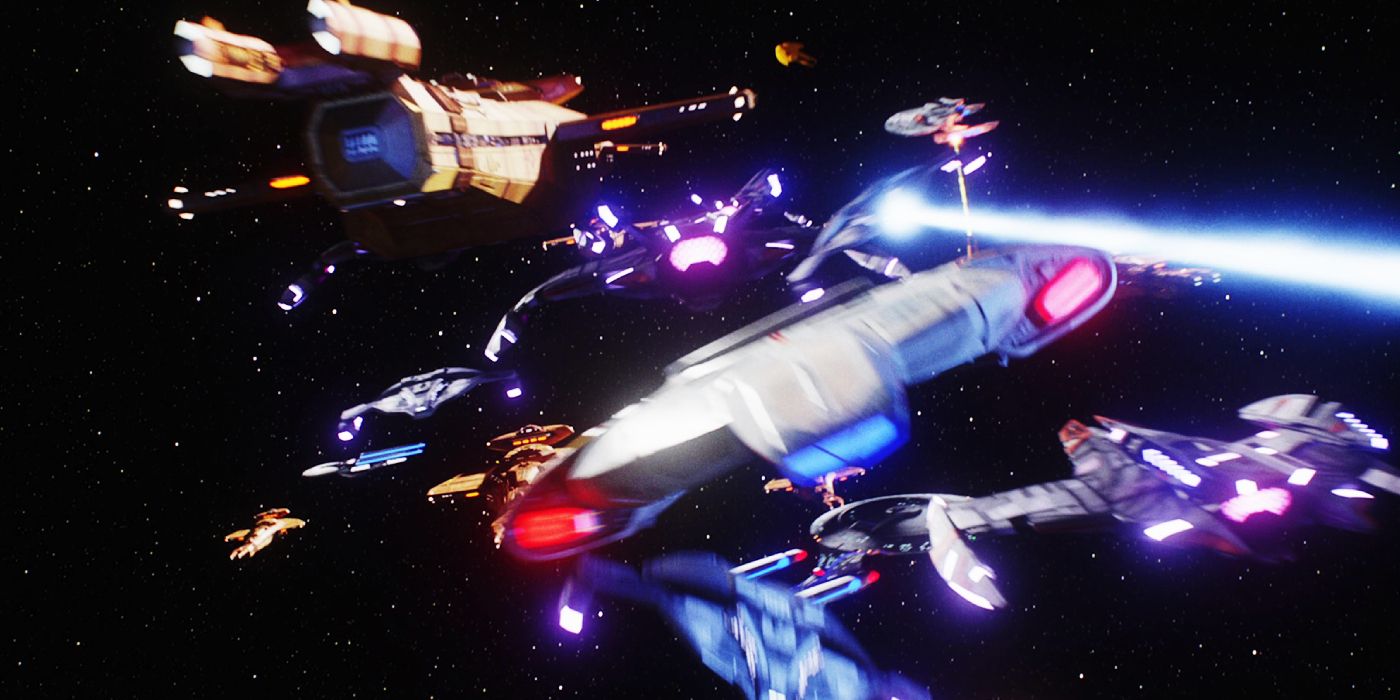 The Defiant during Operation Return, under fire from multiple alien ships