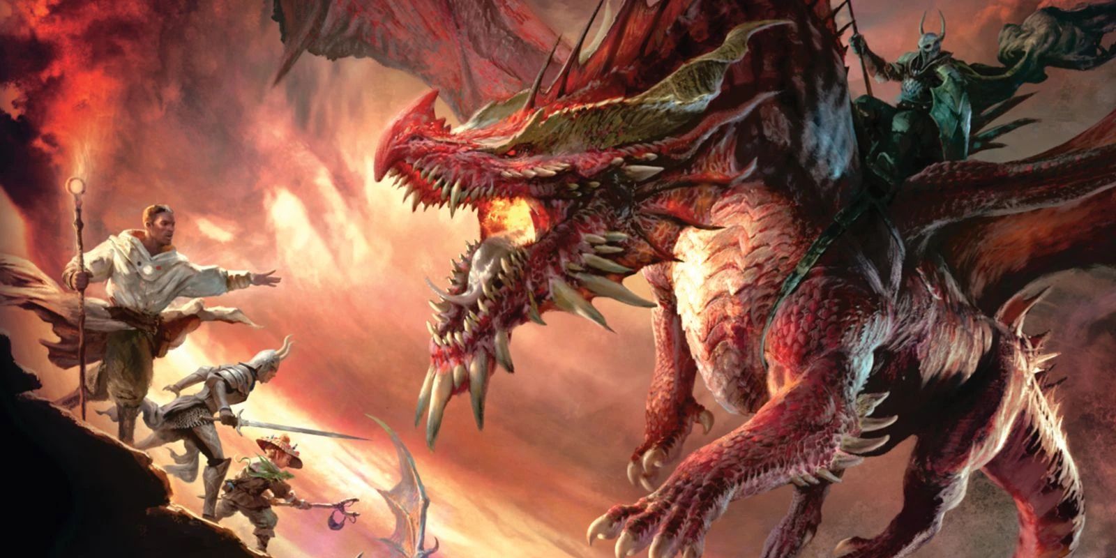 Gambar sampul untuk D&D's Dragonlance: Shadow of the Dragon Queen Deluxe Edition, menunjukkan musuh lapis baja yang menunggangi naga merah, yang akan menembakkan api ke pesta yang berdiri di tanah.