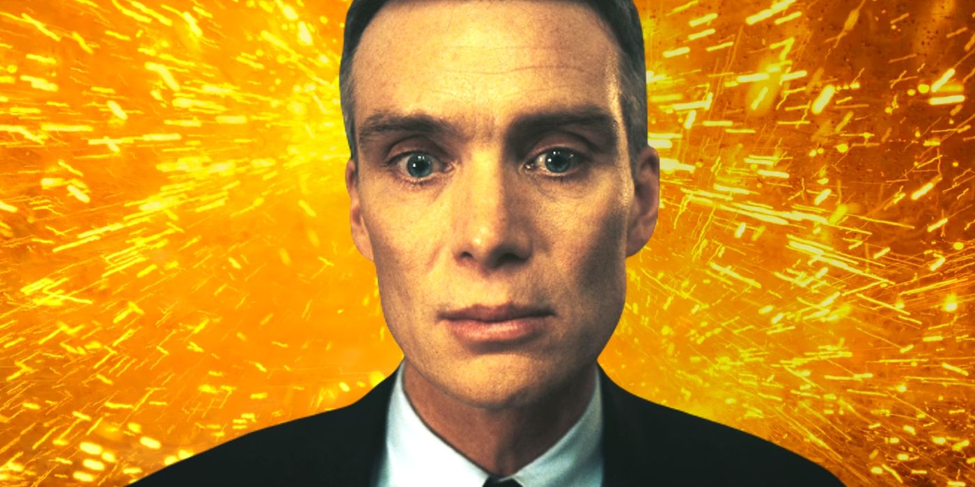 Gambar khusus Cillian Murphy sebagai Oppenheimer dengan ledakan di latar belakang.