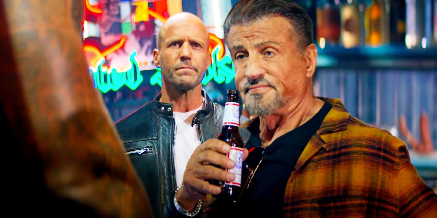 Gambar kustom Jason Statham disandingkan dengan Sylvester Stallone di sebuah bar di The Expendables 4.