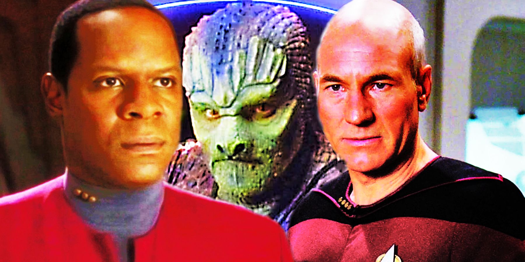 Sisko dan Picard tampak serius karena reptil Tosk mencurigakan