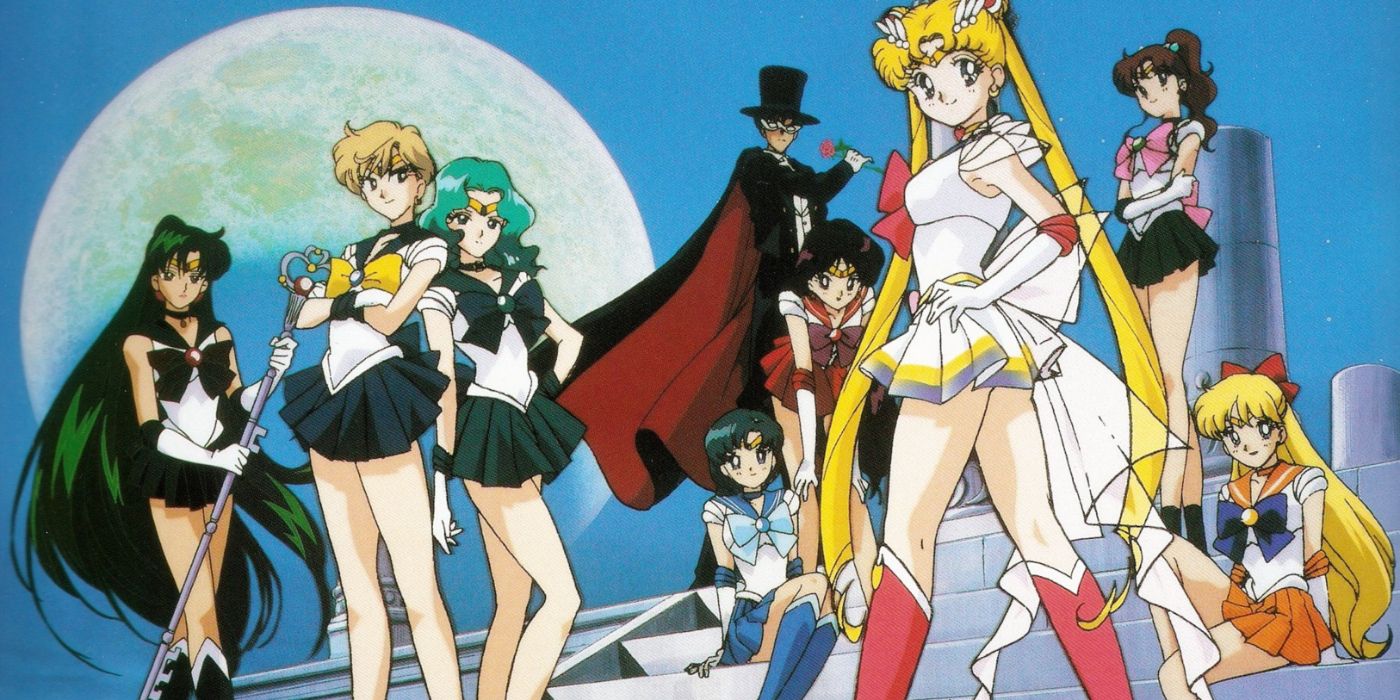 Seni kunci anime Sailor Moon dengan pahlawan wanita tituler dan pemeran pendukungnya.