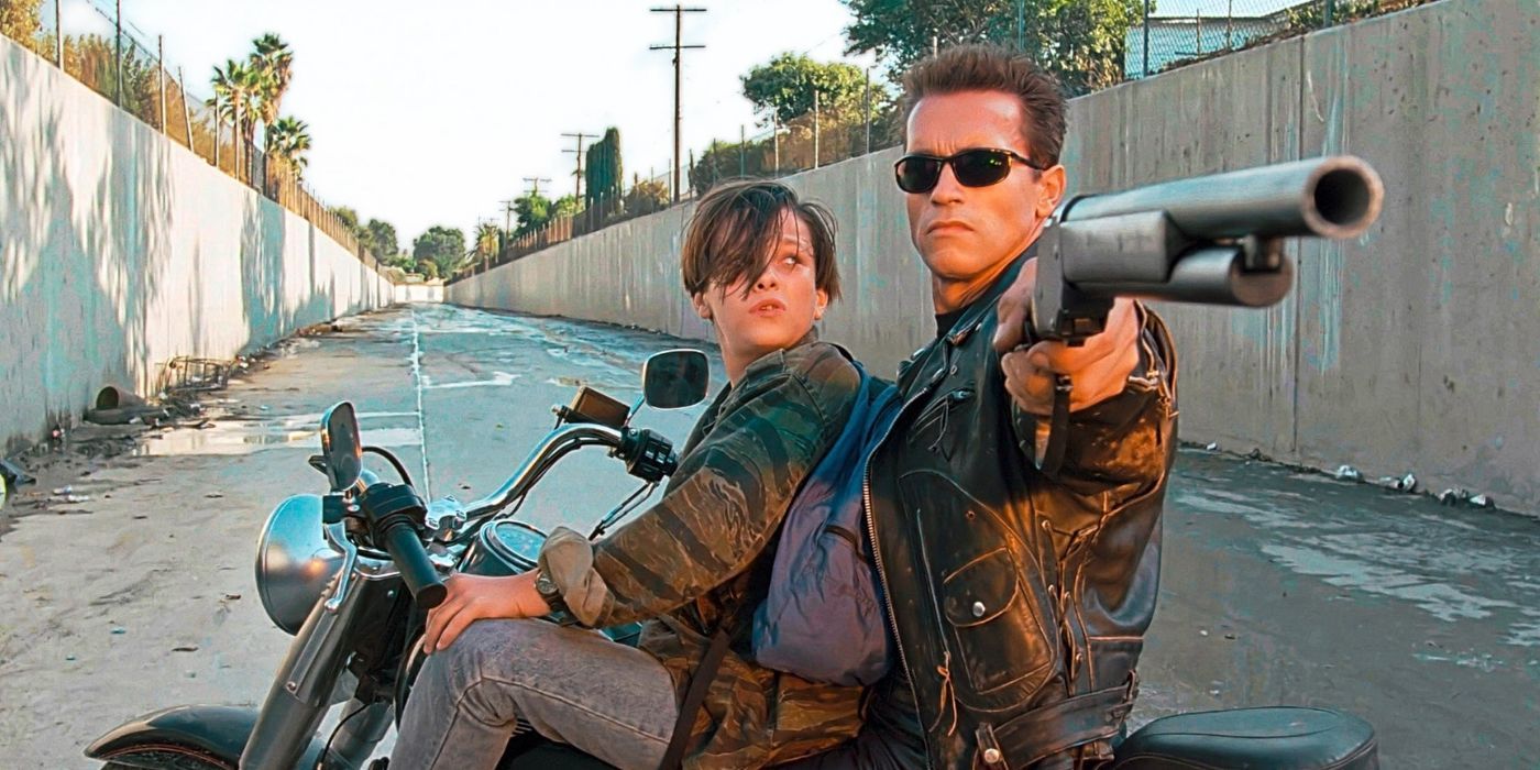 Edward Furlong and Arnold Schwarzenegger as John Connor and the T-800 in Terminator 2