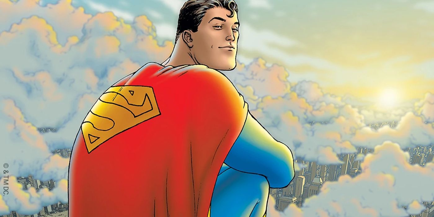 Karya seni resmi dari komik All-Star Superman yang menampilkan Clark Kent berada di atas awan Metropolis.