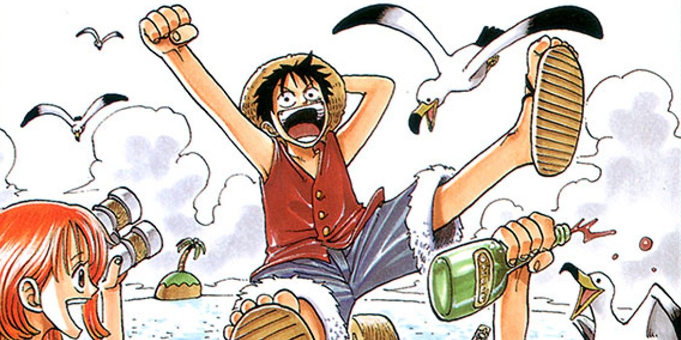 Tangan Luffy Nami dan Zoro di sampul pertama One Piece