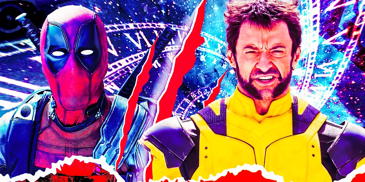 Gambar khusus Deadpool dan Wolverine dalam setelan kuning dengan latar belakang warna-warni menggoda plot perjalanan waktu Deadpool 3.