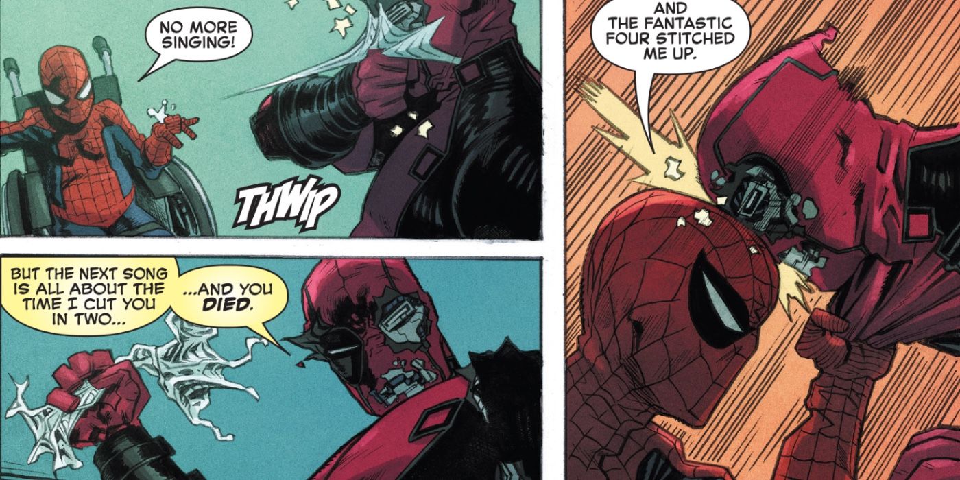 Old Spider-Man melawan LMD Deadpool saat berada di kursi roda