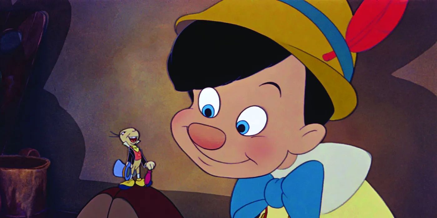 Jiminy Cricket berdiri di atas sepatu Pinokio.