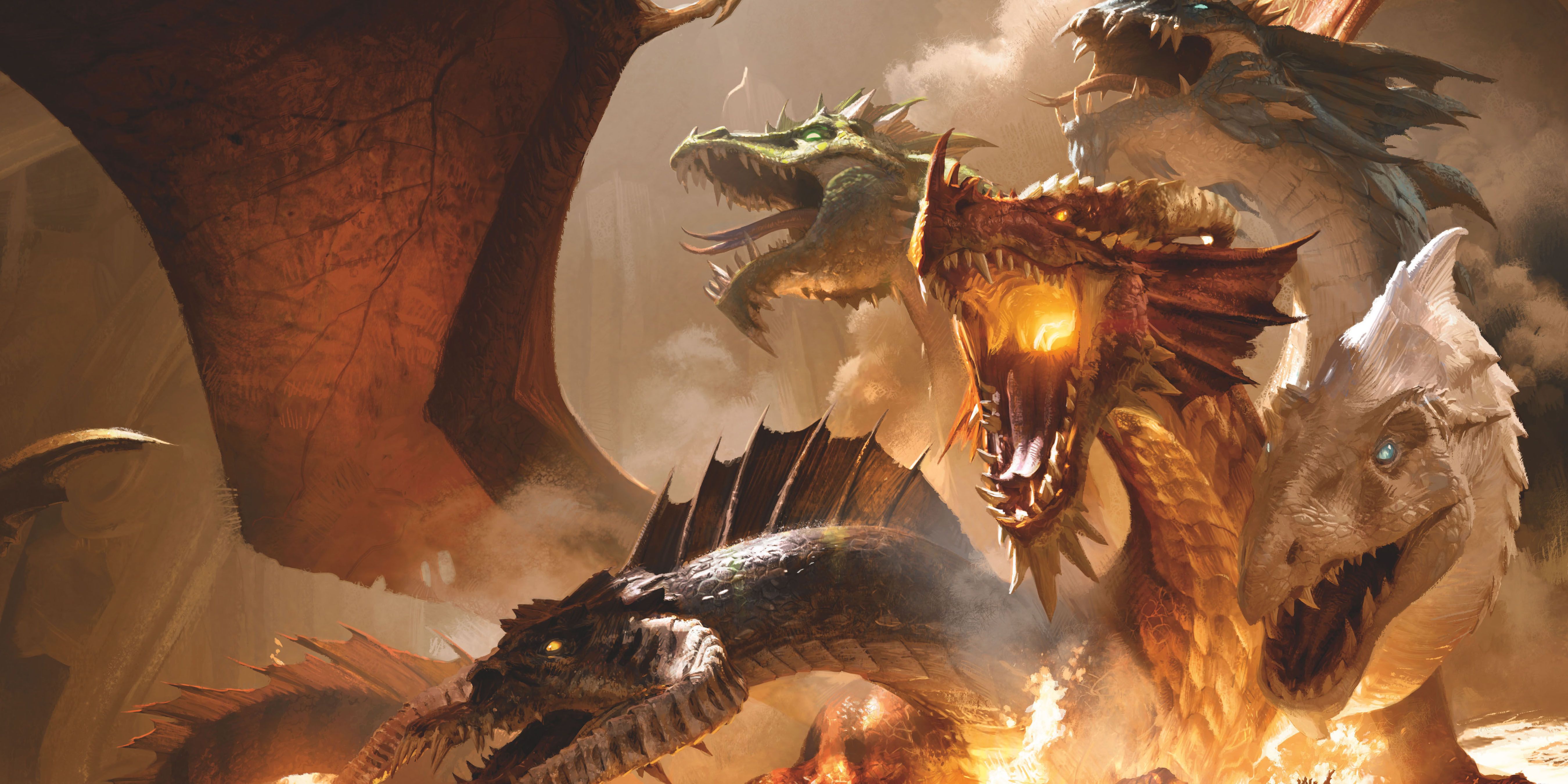 Heads of a Tiamat dragon in a Dungeons & Dragons illustration