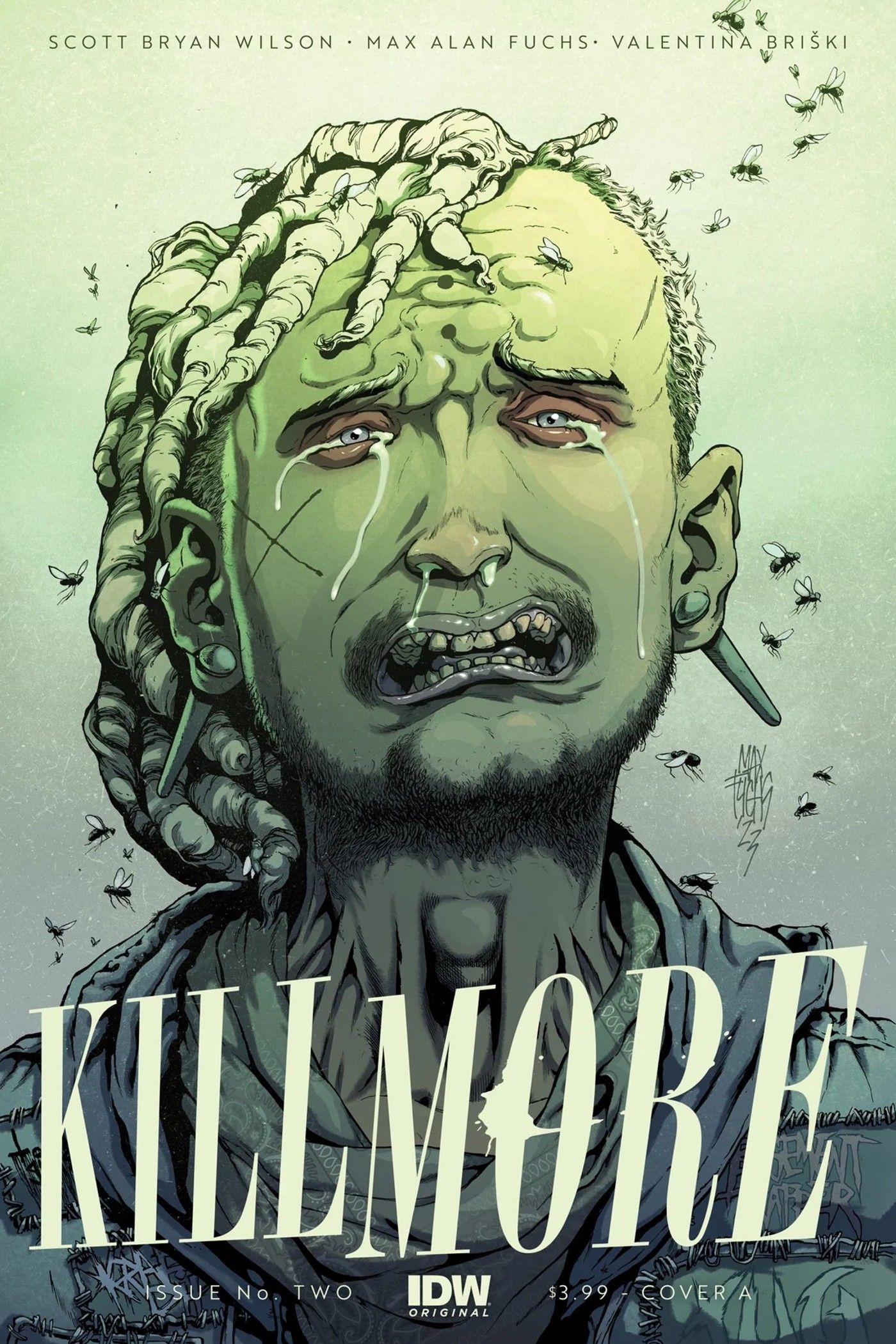 Sampul IDW's Kill More #2, menampilkan pria berambut gimbal menangis, dikelilingi lalat yang berdengung