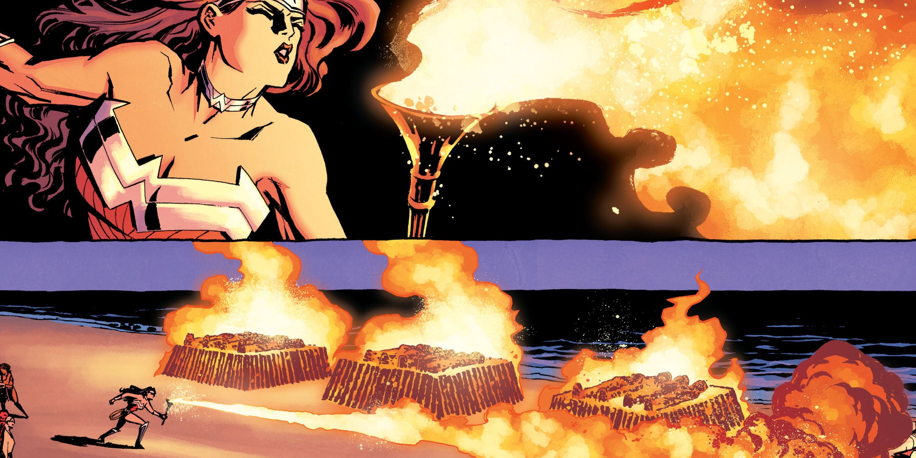 Wonder Woman menggunakan nafas supernya untuk meniupkan api
