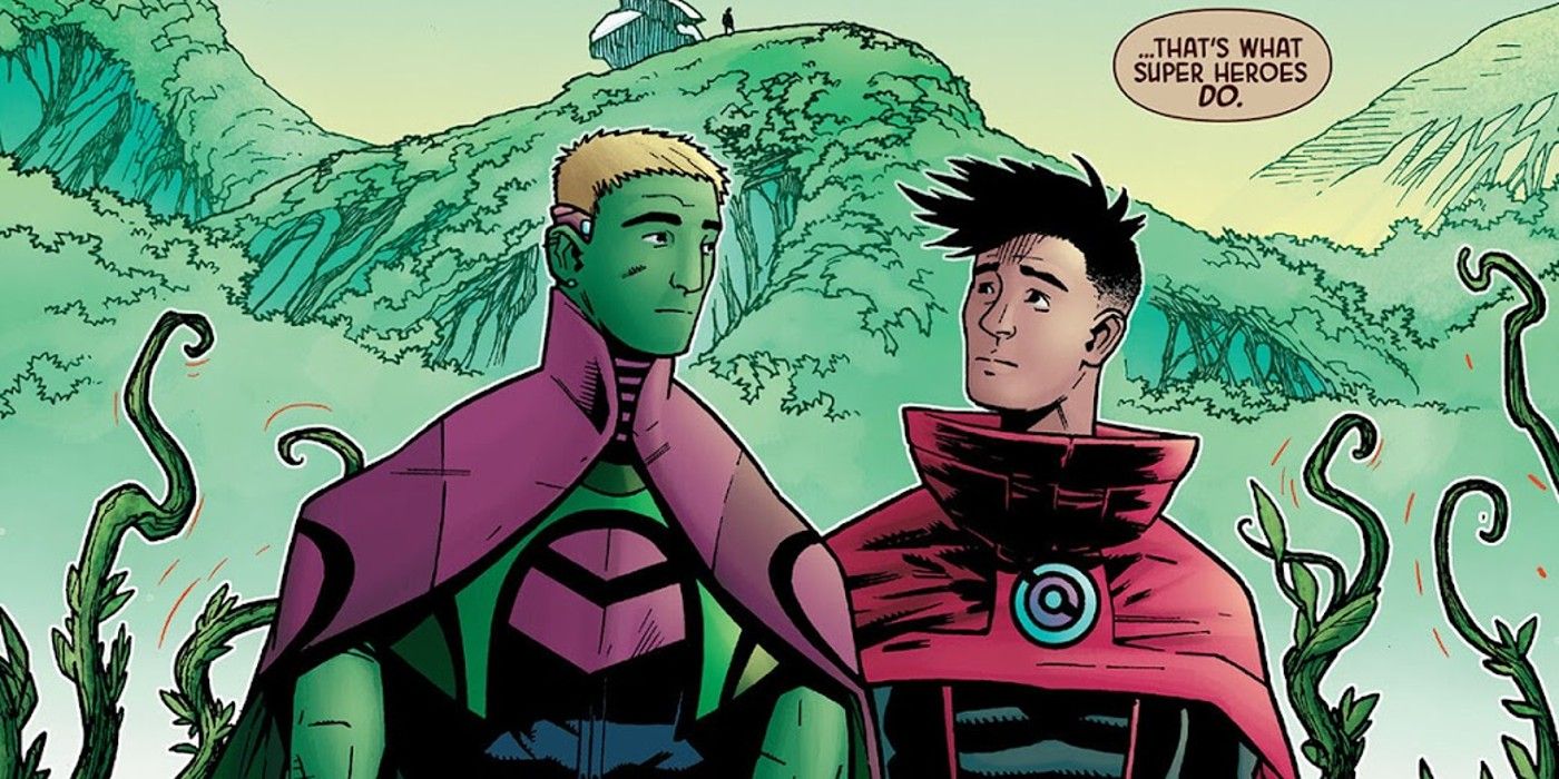 panel dari Penjaga Galaxy #7.  Penjaga Galaxy memberi tahu Wiccan dan Hulkling bahwa mereka harus melindungi Groot