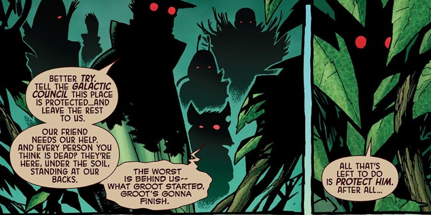 panel dari Guardians of the Galaxy #7, Guardians of the Galaxy memberi tahu Wiccan dan Hulkling bahwa mereka harus melindungi Groot