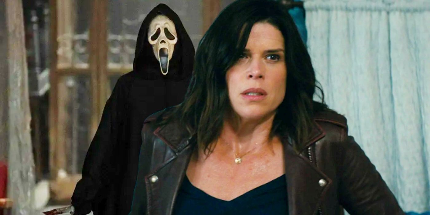 Custom image of Neve Campbell as Sidney Prescott juxtaposed with Ghostface looking ominous behind her.