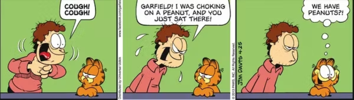 Jon Arbuckle hampir mati tersedak kacang sementara Garfield menonton