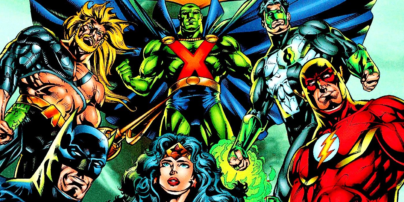 Justice League of America tahun 1990-an: Batman, Wonder Woman, Flash, Green Lantern, Martian Manhunter, Aquaman