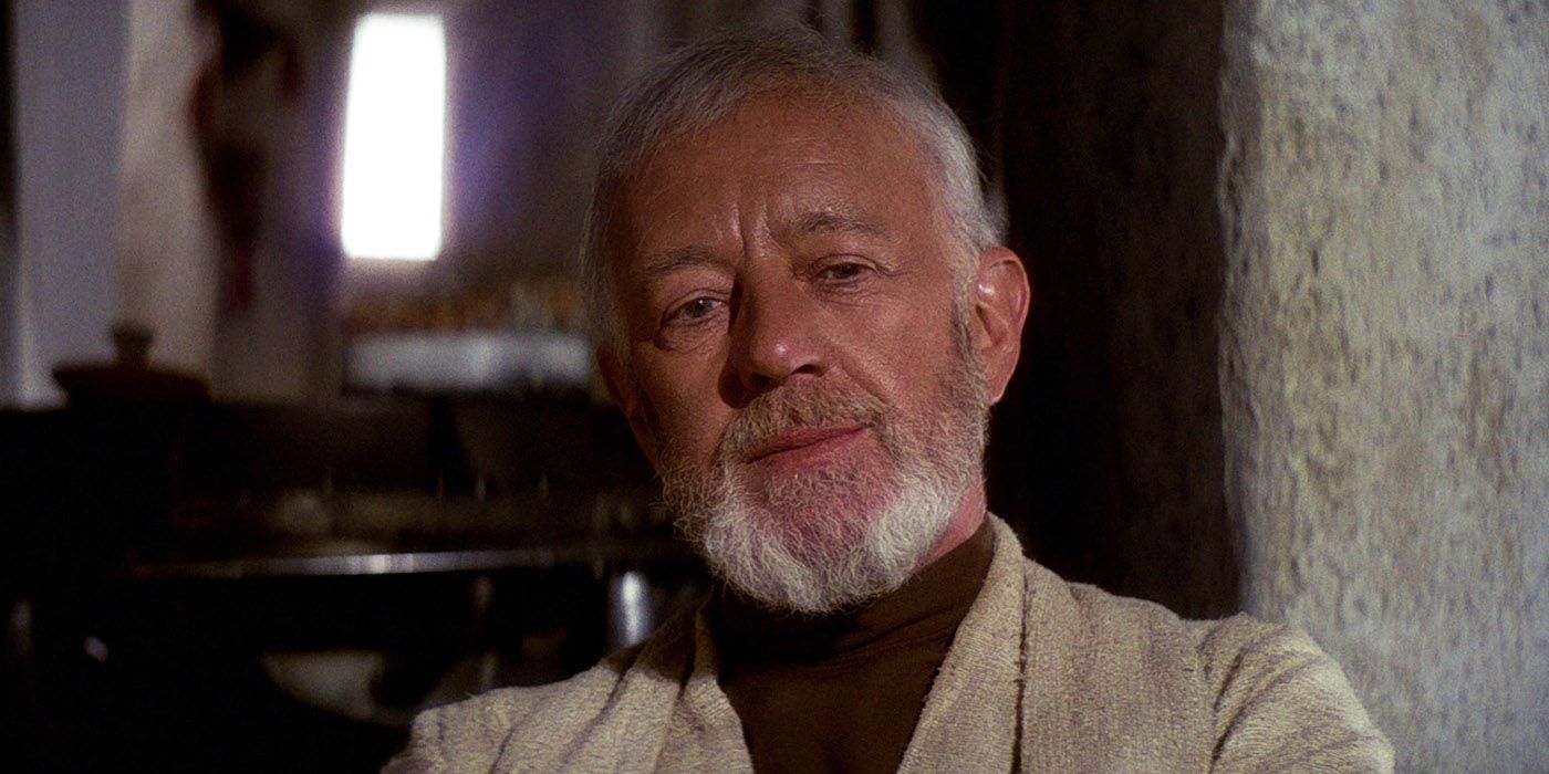 Alec Guinness sebagai Obi-Wan Kenobi di tempat persembunyian Tatooine-nya di Star Wars A New Hope