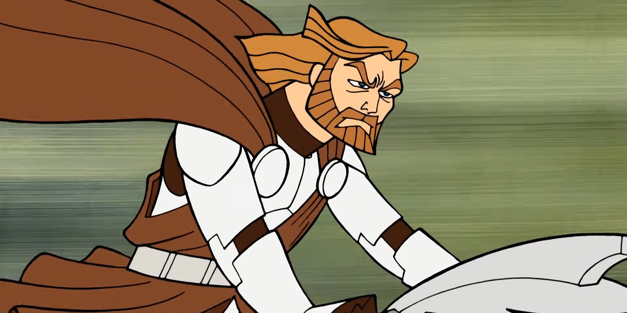 Obi-Wan Kenobi mengendarai sepeda speeder di Star Wars Clone Wars 2003
