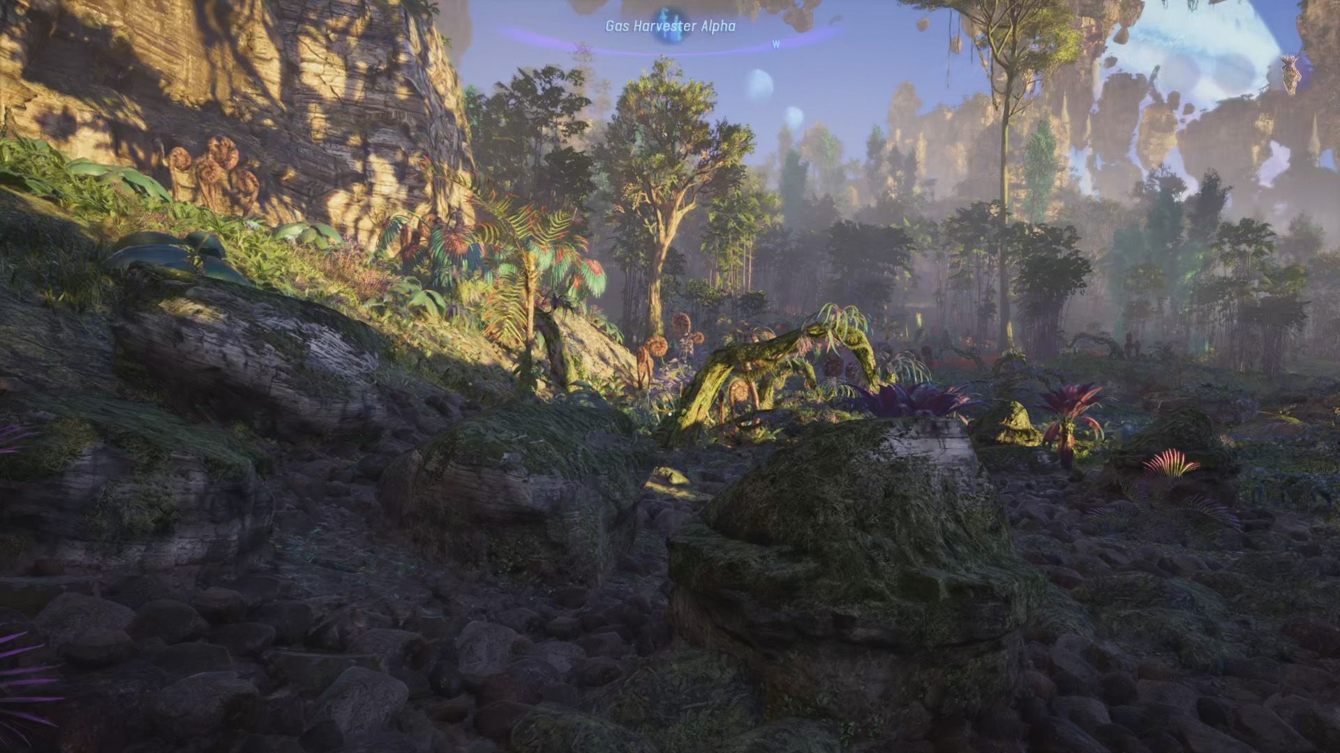 Lingkungan subur dengan pulau-pulau terapung terlihat di latar belakang Avatar Frontiers of Pandora.