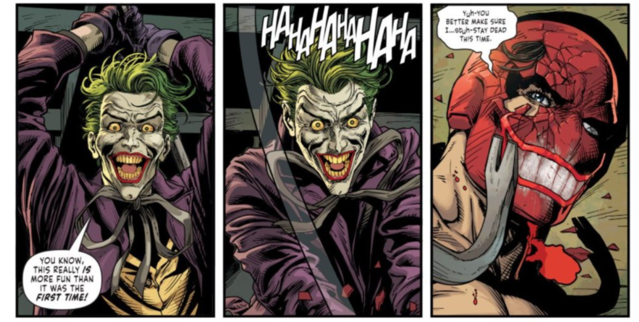Para Joker secara brutal memukuli Red Hood dengan Crow Bar, Topeng Red Hood Dicat dengan senyuman Joker