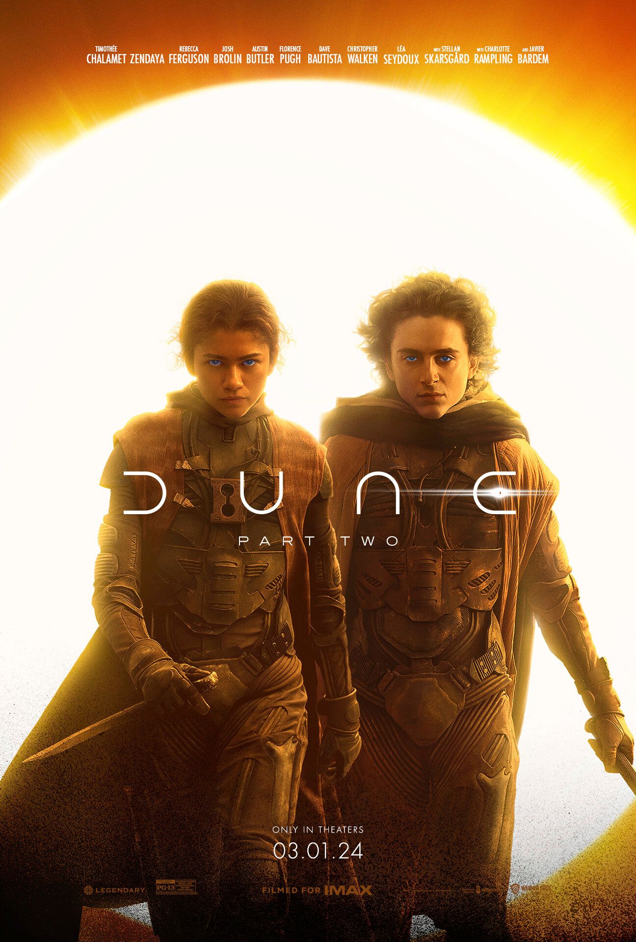 Poster Dune Bagian 2 Menampilkan Timothee Chalamet sebagai Paul Atreides dan Zendaya sebagai Chani Memegang Belati