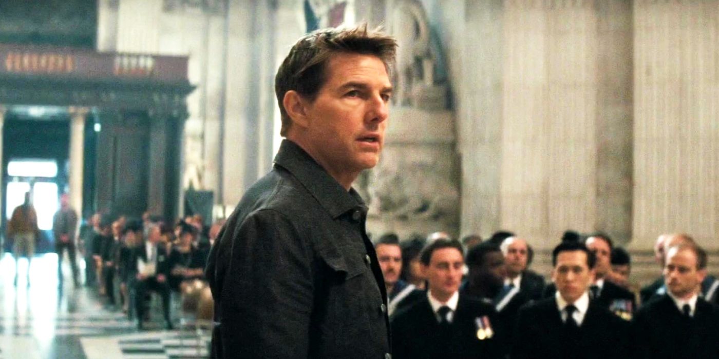 Tom Cruise in a church as Ethan Hunt in Mission Impossible Fallout